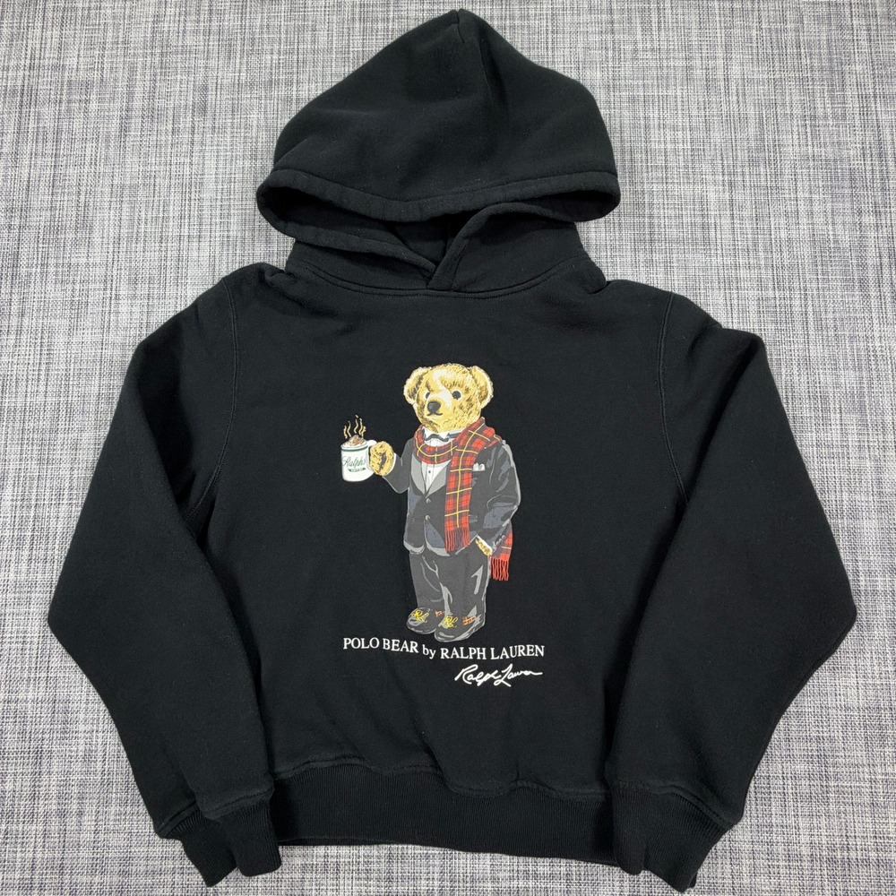 Polo Ralph Lauren Womens Large Polo Bear Coffee Black Cropped Fleece Hoodie